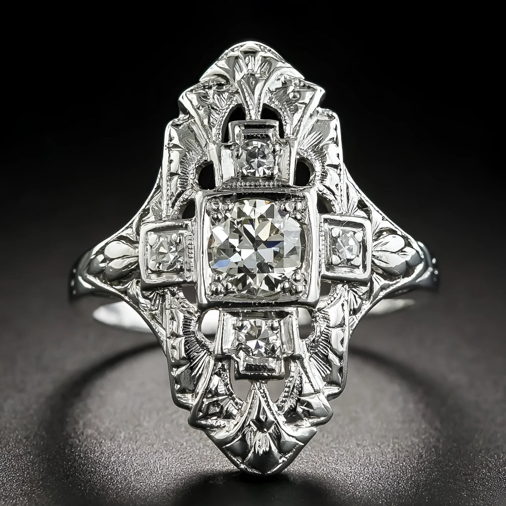 Hollow copper ring with electroplated silver finish and diamond studding in geometry shape