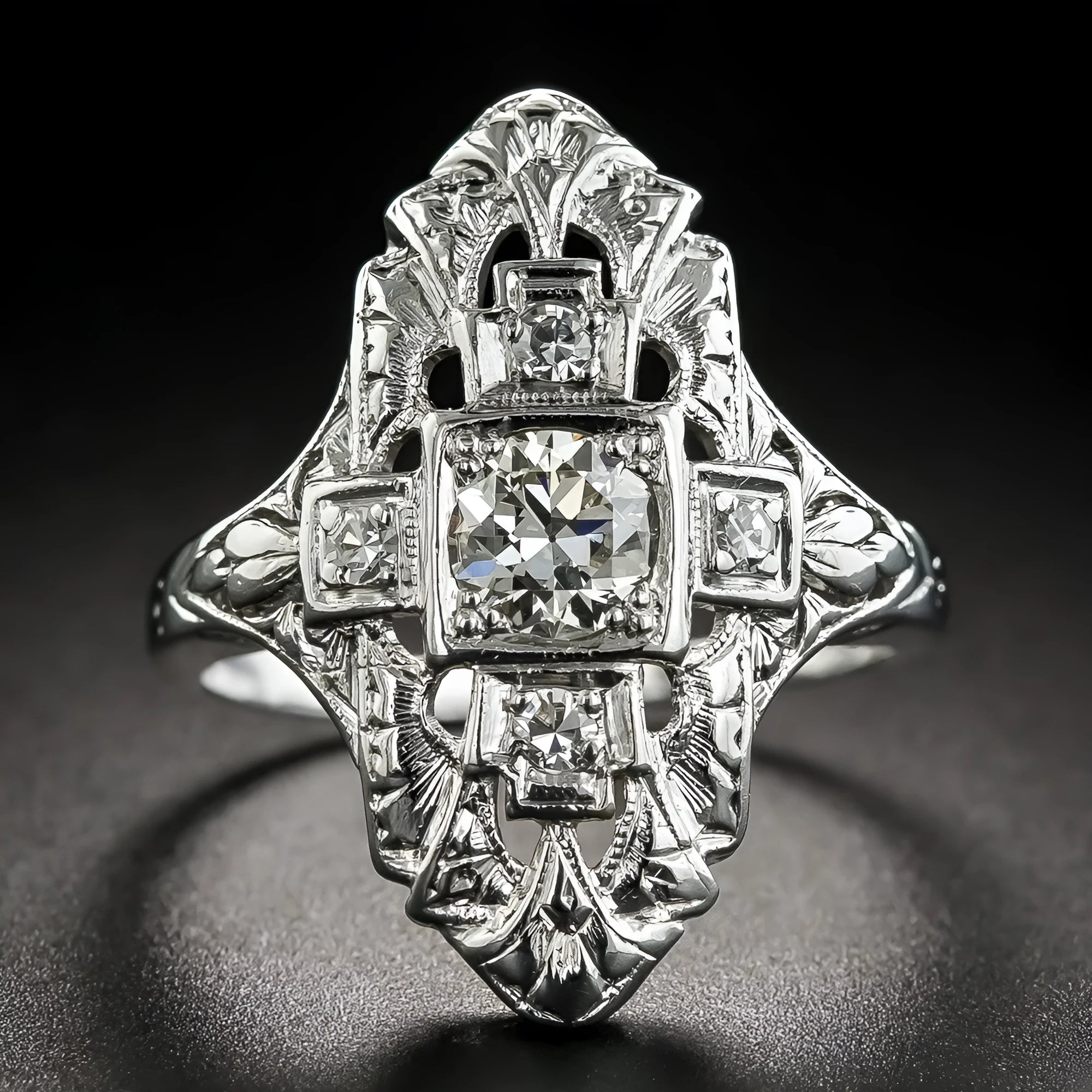 Hollow copper ring with electroplated silver finish and diamond studding in geometry shape