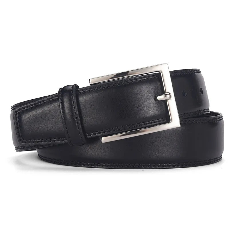 Men's black leather belt with a silver alloy pin buckle laid flat, showing its length and width.