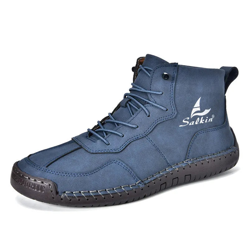Beige high-top casual boots with elastic band and flat rubber sole