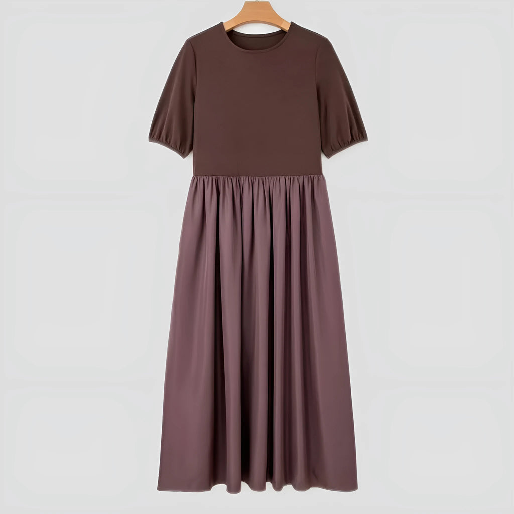 Women's short sleeve knitted patchwork dress in coffee with high waist and mid-length skirt, sizes S to XL
