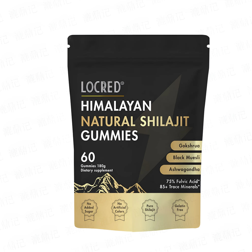 60 count natural flavored Shilajit gummies for women and men in a pouch, vegan with fulvic acid and Ayurvedic herbs