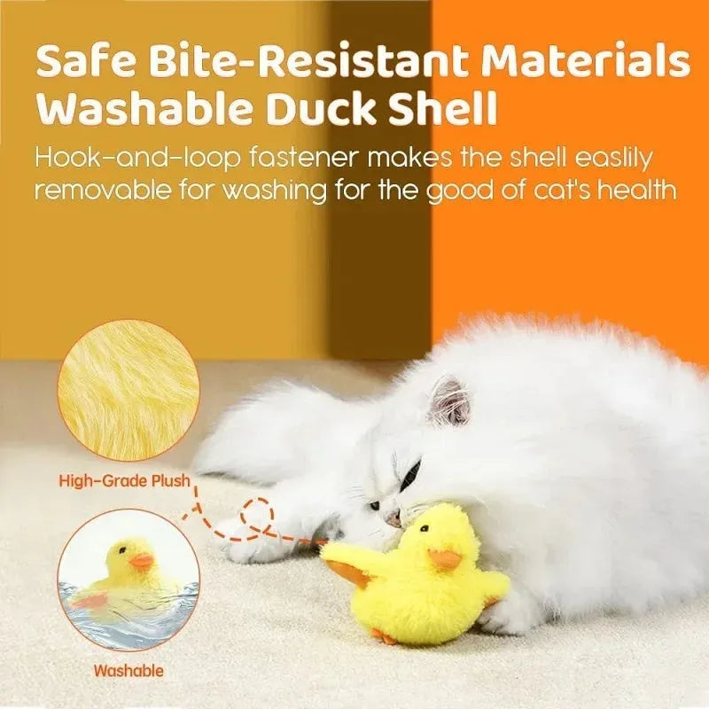 Yellow polyester plush duck-shaped electronic cat toy with USB charging cable.