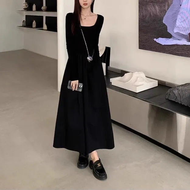 Women's black square collar knitted dress with elastic waist and A-line silhouette