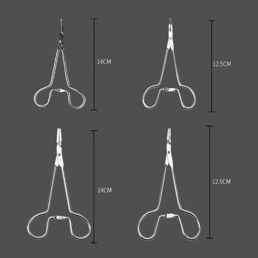 Silver stainless steel pet ear tweezers with curved tip and anti-slip handle on white background