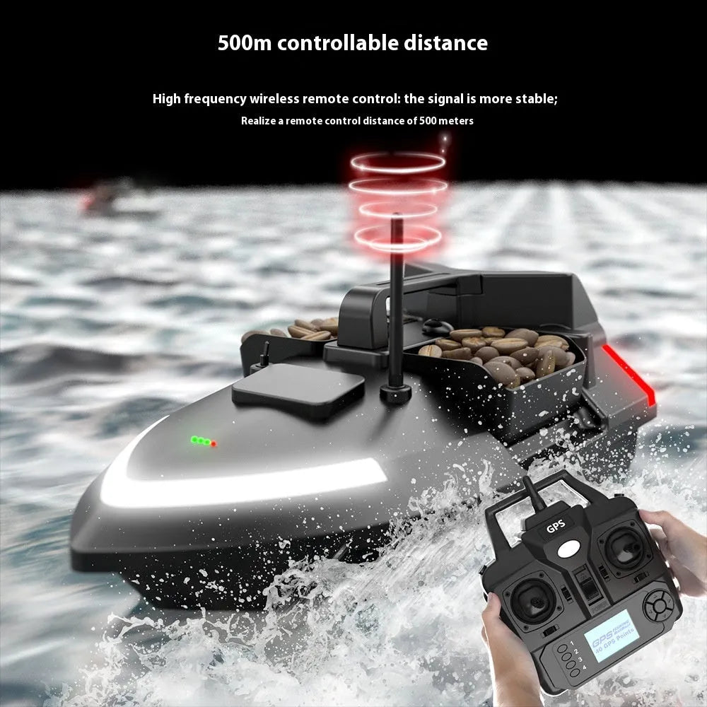 V020 black and luminous yellow GPS remote control fishing boat with remote handset.