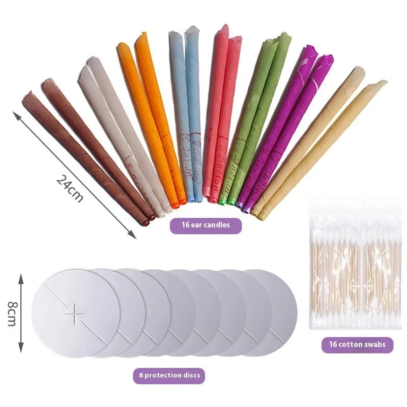 Ear candles kit showing 16 cotton cloth candles, protective boards, and cotton swabs for health massage