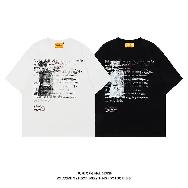Men's black pure cotton hip hop style t-shirt with white printed letters and loose fit design