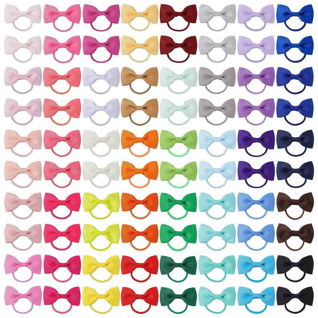 80 multicoloured baby hair ties with matching grosgrain ribbon bows for infants and toddlers.