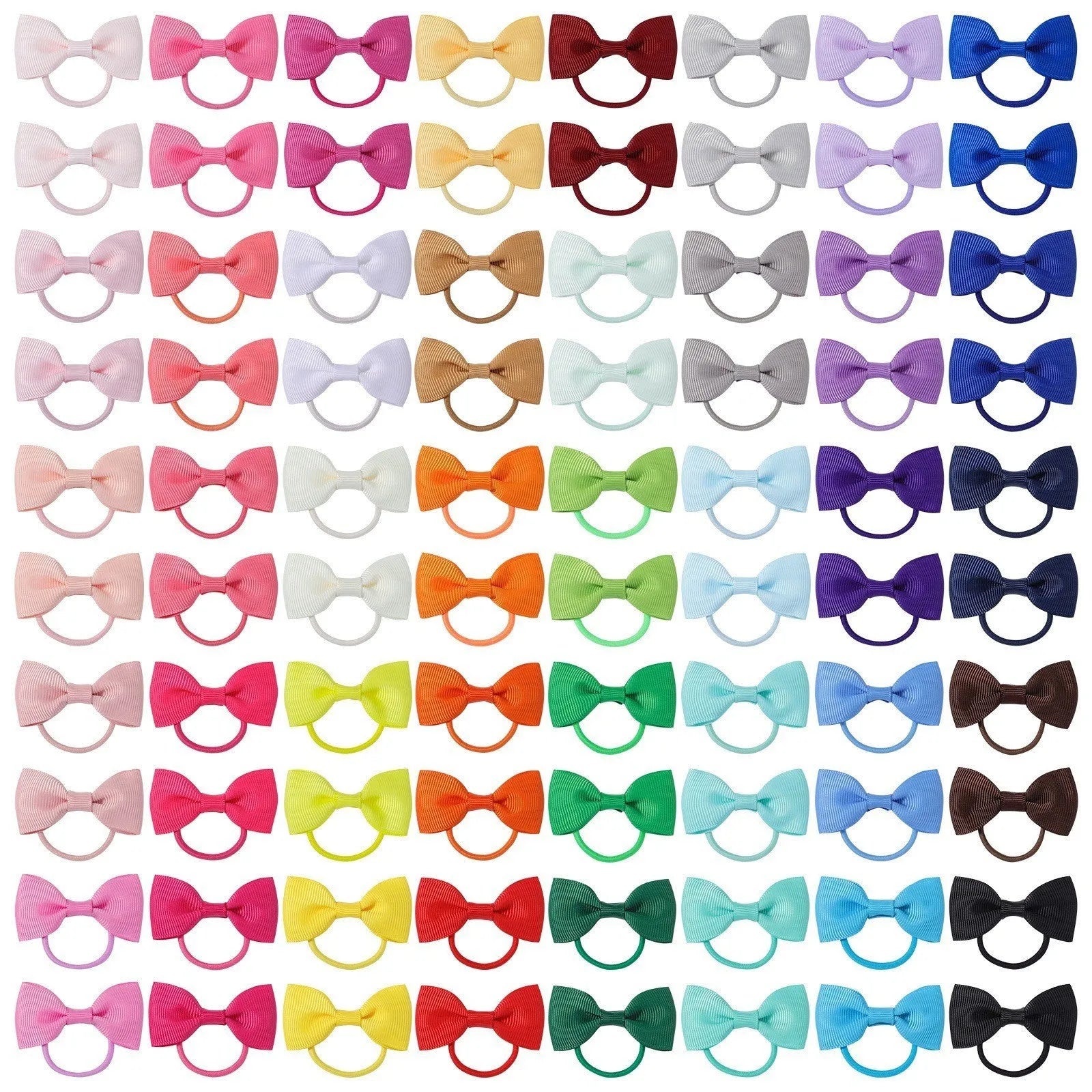80 multicoloured baby hair ties with matching grosgrain ribbon bows for infants and toddlers.