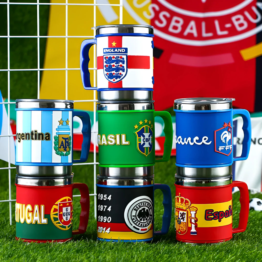World Cup soccer mug souvenir with rubber metal construction, 7.6cm diameter, showing team colour design
