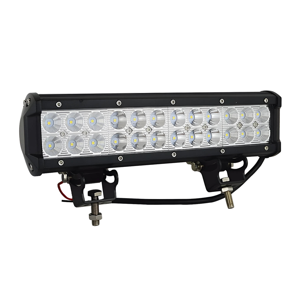 Black aluminium alloy 72W double row LED roof work light with PMMA lens for off-road vehicles.