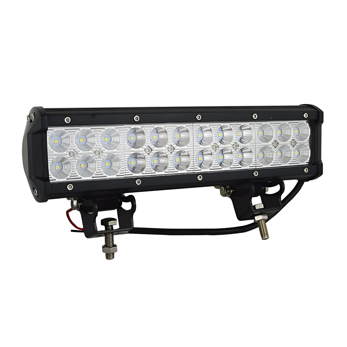 Black aluminium alloy 72W double row LED roof work light with PMMA lens for off-road vehicles.