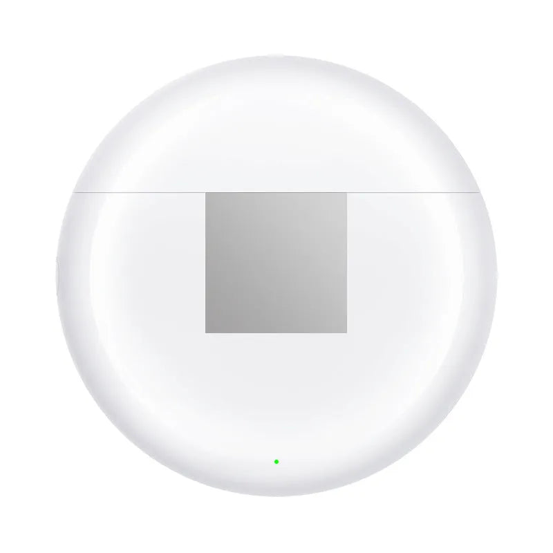 White Budz5 wireless Bluetooth earbuds nestled inside their matching white charging case.