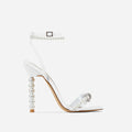 Women's square toe stiletto heel shoes with rhinestone bow and pearl strap in pink colour