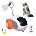 Blue interactive cat toy car with feather attachment and remote control on wooden floor