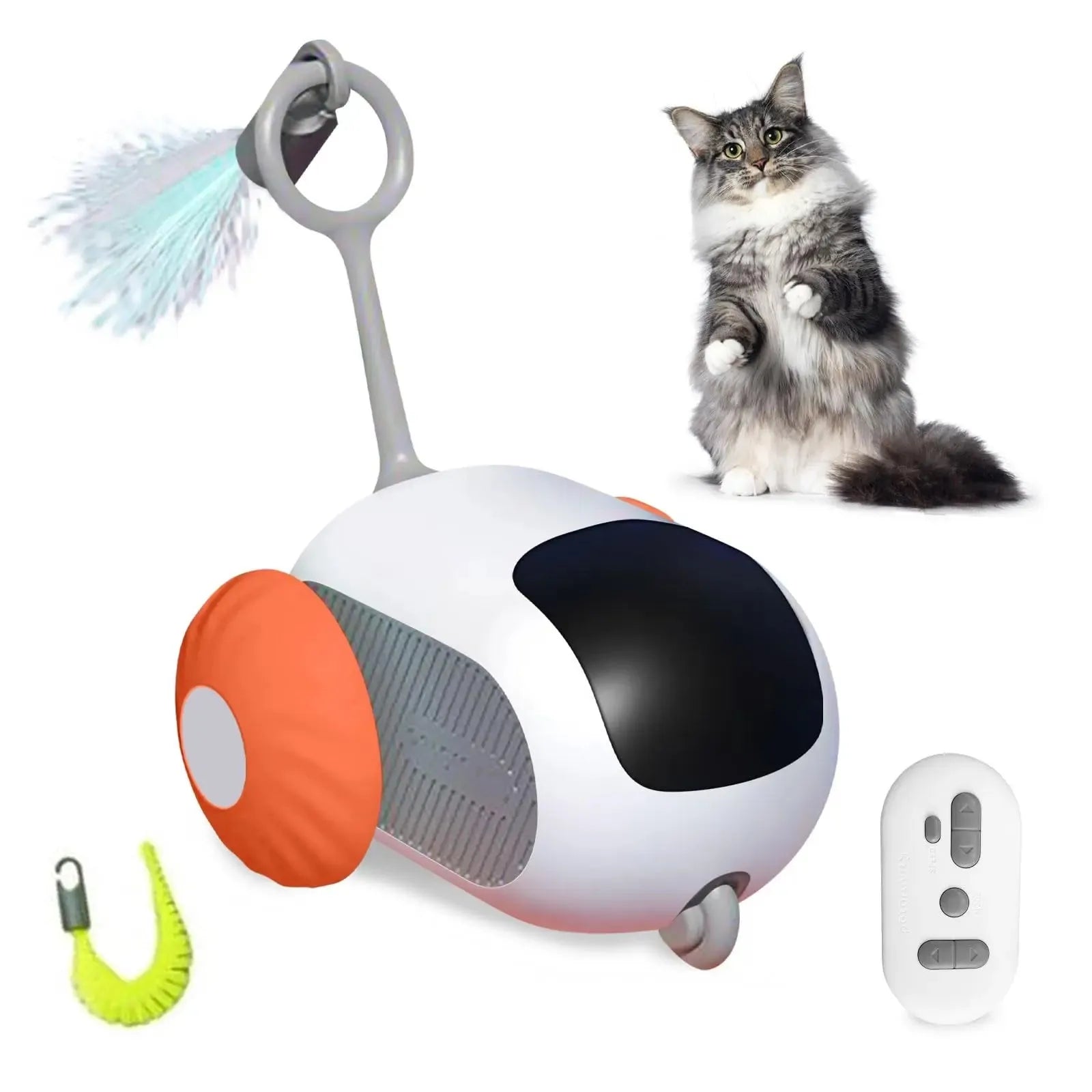 Blue interactive cat toy car with feather attachment and remote control on wooden floor