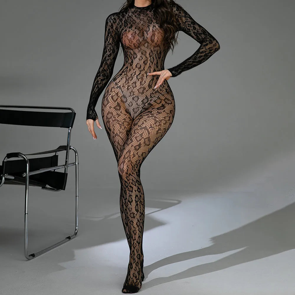 Black fishnet Jacquard one-piece lingerie with long sleeves and a backless design on a mannequin.