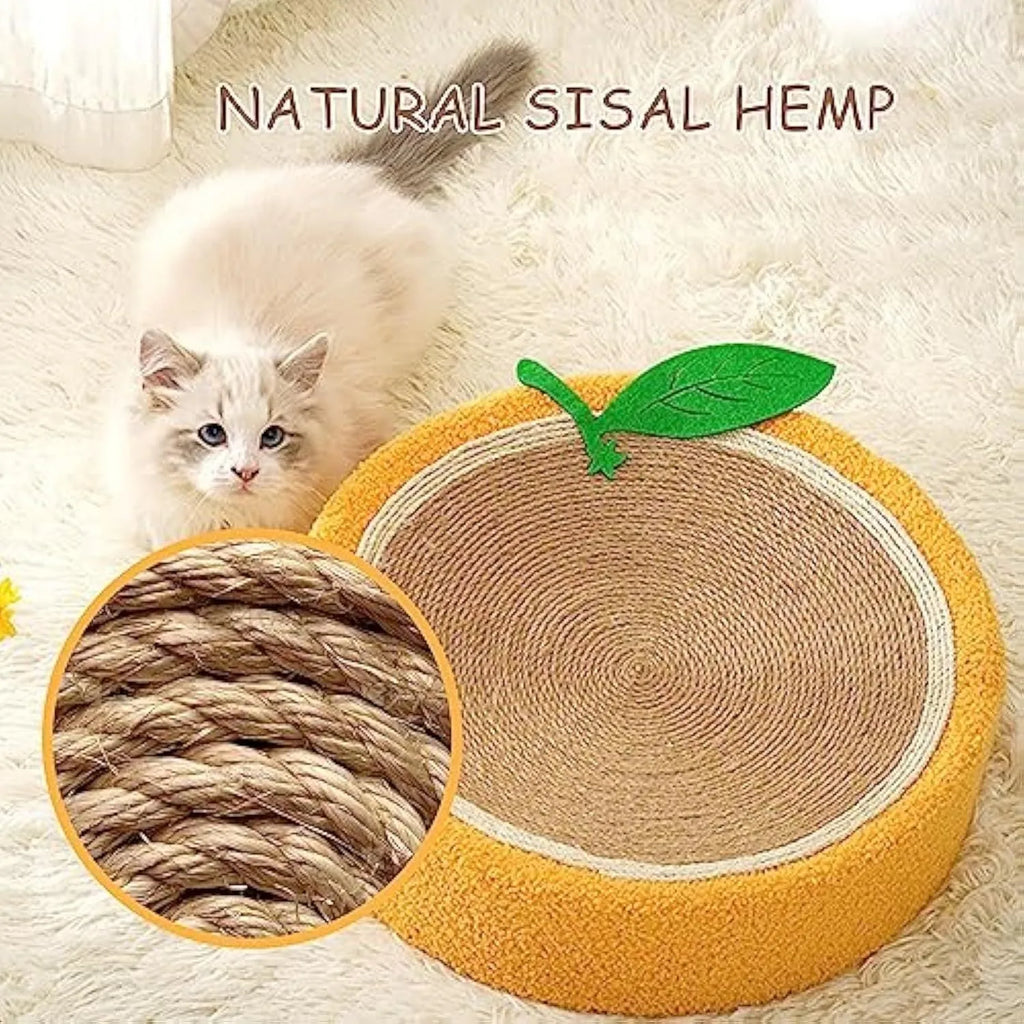 Yellow round fruit-shaped sisal cat scratching board and bed for small cats
