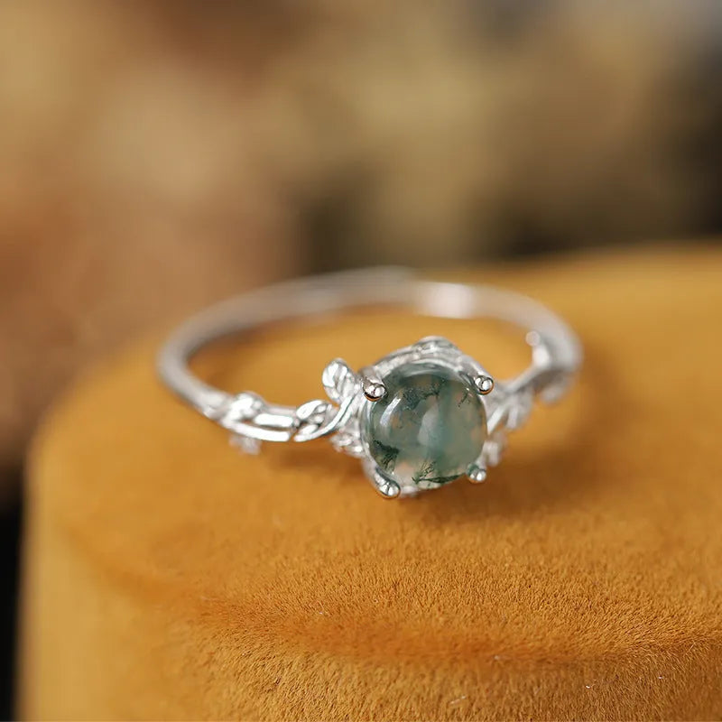 S925 silver ring with green moss agate stone and water plant pattern in geometric shape