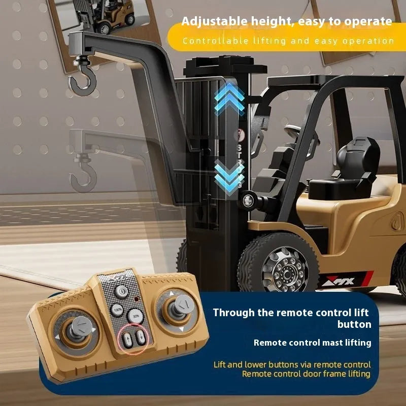 1:64 scale mini alloy remote control forklift toy with remote, cargo hook, forks, and pallet.