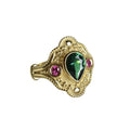 Gold-plated women's alloy ring with geometric shape and lvzuan colour on a white background.