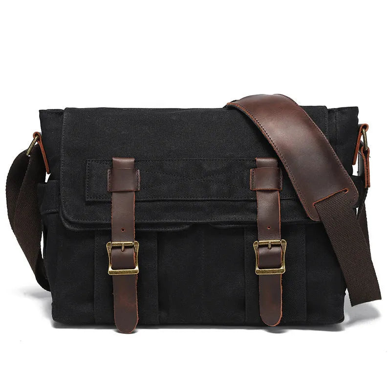 Water-repellent waxed camera shoulder bag in canvas and first layer cowhide leather with curved shoulder strap