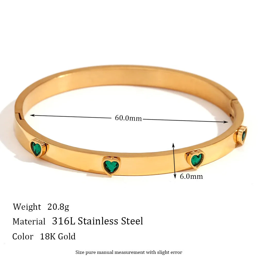 Stainless steel women's bracelet with micro-inlaid peach heart in golden-green or golden-white diamond electroplated finish