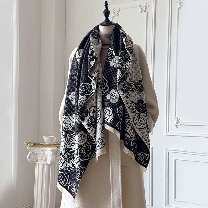 Grey imitation cashmere winter shawl with tassels, shown draped.
