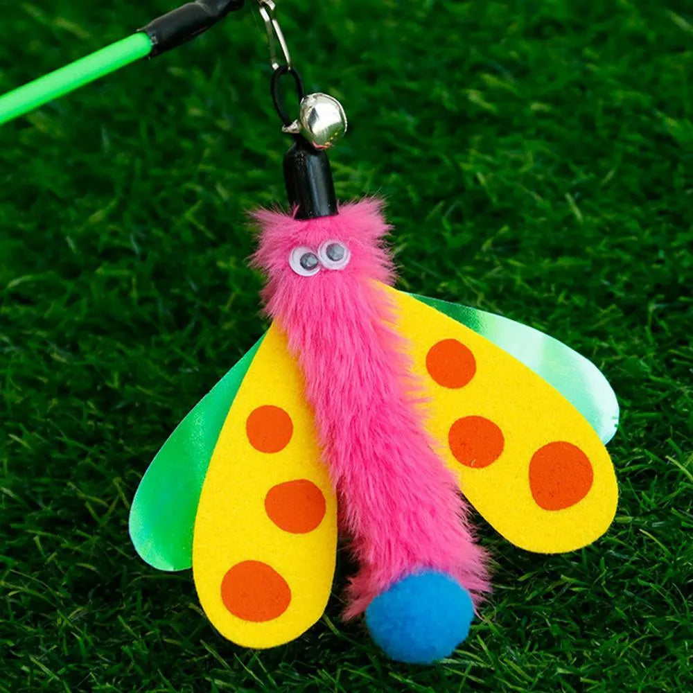 Blue cat wand toy with dragonfly bell attachment measuring 49cm long