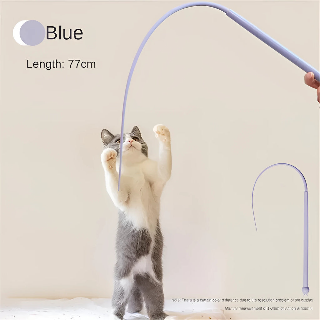 Blue interactive cat teaser stick with silicone mouse tail and cat head handle on a wooden floor.