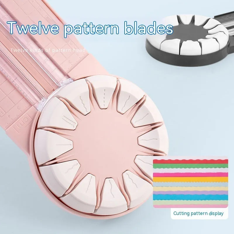 12-in-1 plastic paper cutting machine with dotted cutter measuring 46.2cm long in pink and black colour options