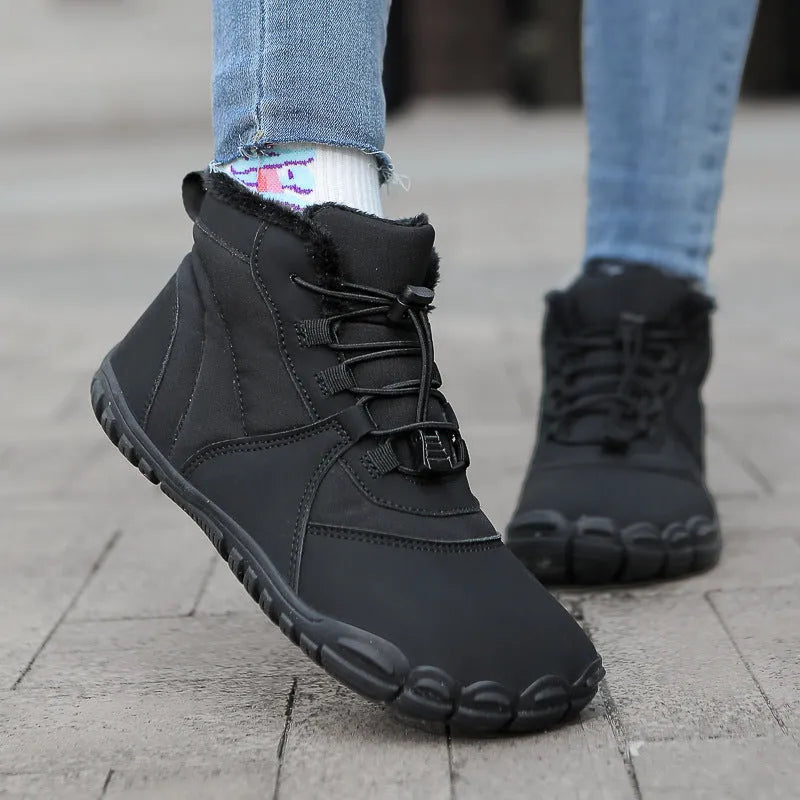 Waterproof fleece-lined outdoor snow boots with round toe and front lace-up in black, khaki, or pink.