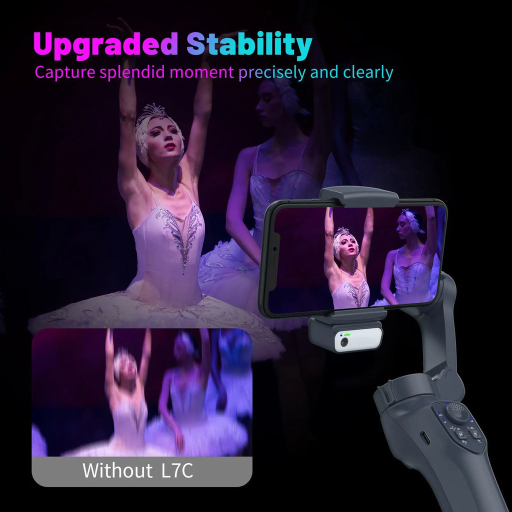 Foldable handheld camera stabilizer in L7Cpro gun colour with USB charging port.
