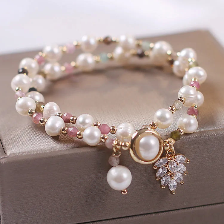 Women's strawberry quartz crystal double layer bracelet with lucky cat charm and red cat's eye flowers decoration