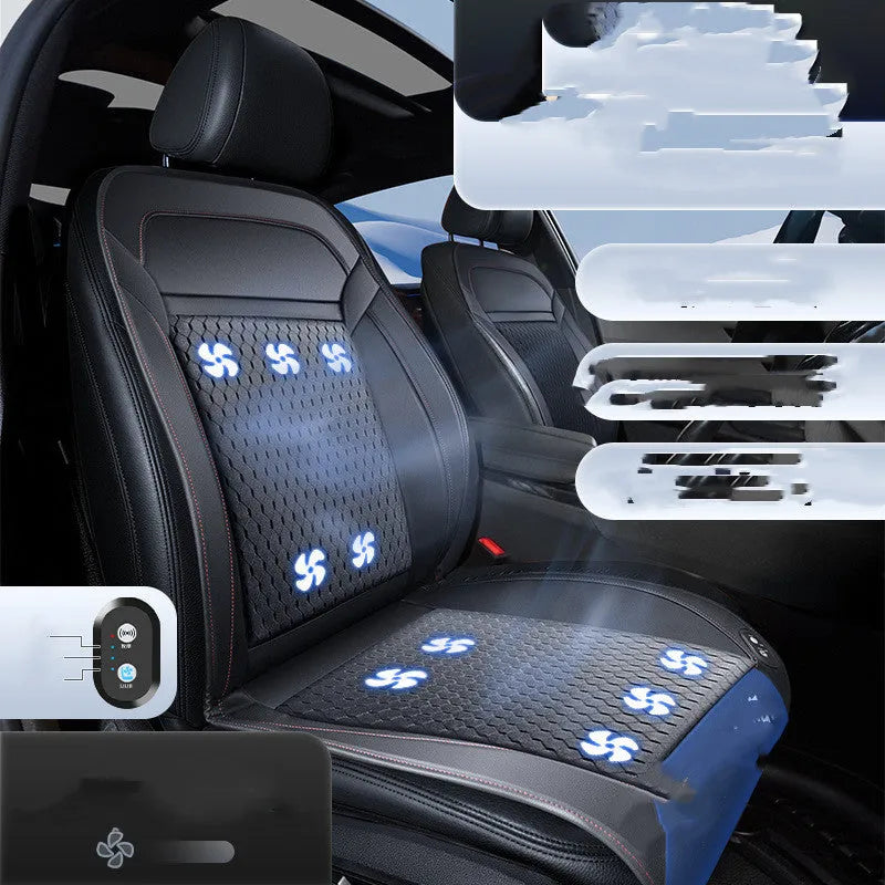 Ice silk breathable car seat cooling pad with fans, ventilation mesh surface, available in Emerald Green, Business Black, China Red