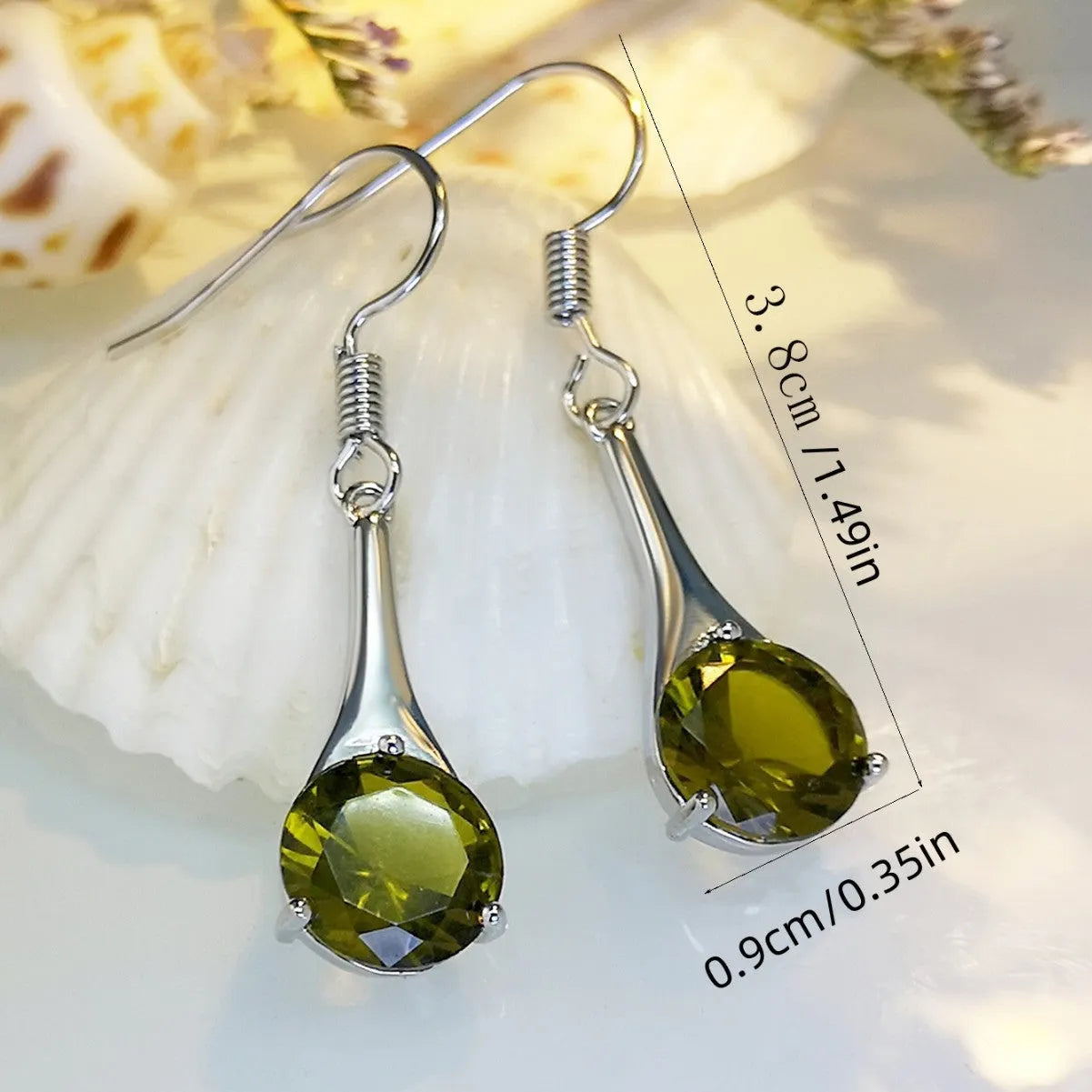 Olive green topaz drop earrings with minimalist water drop shape on alloy backing