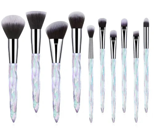Set of 10 clear crystal foundation brushes with coloured handles.