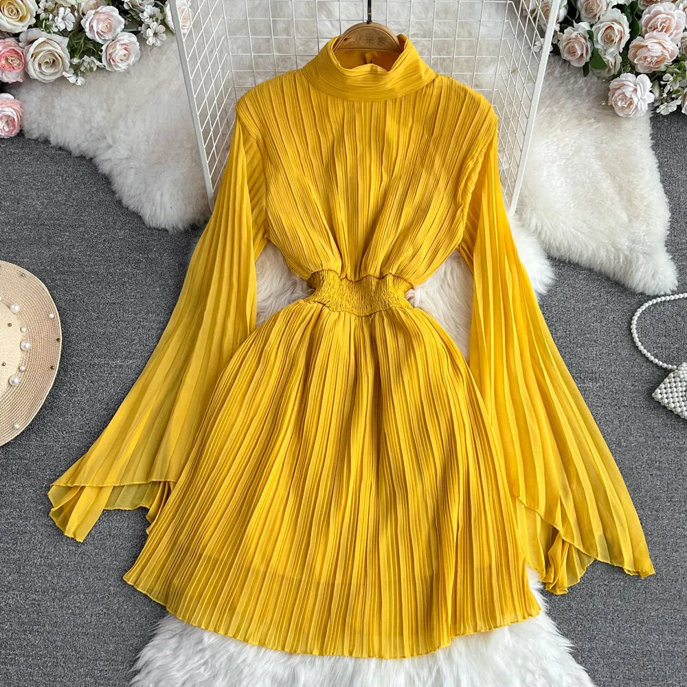 A-line chiffon midi dress with long sleeves and stand collar in high-waist design, available in multiple colours