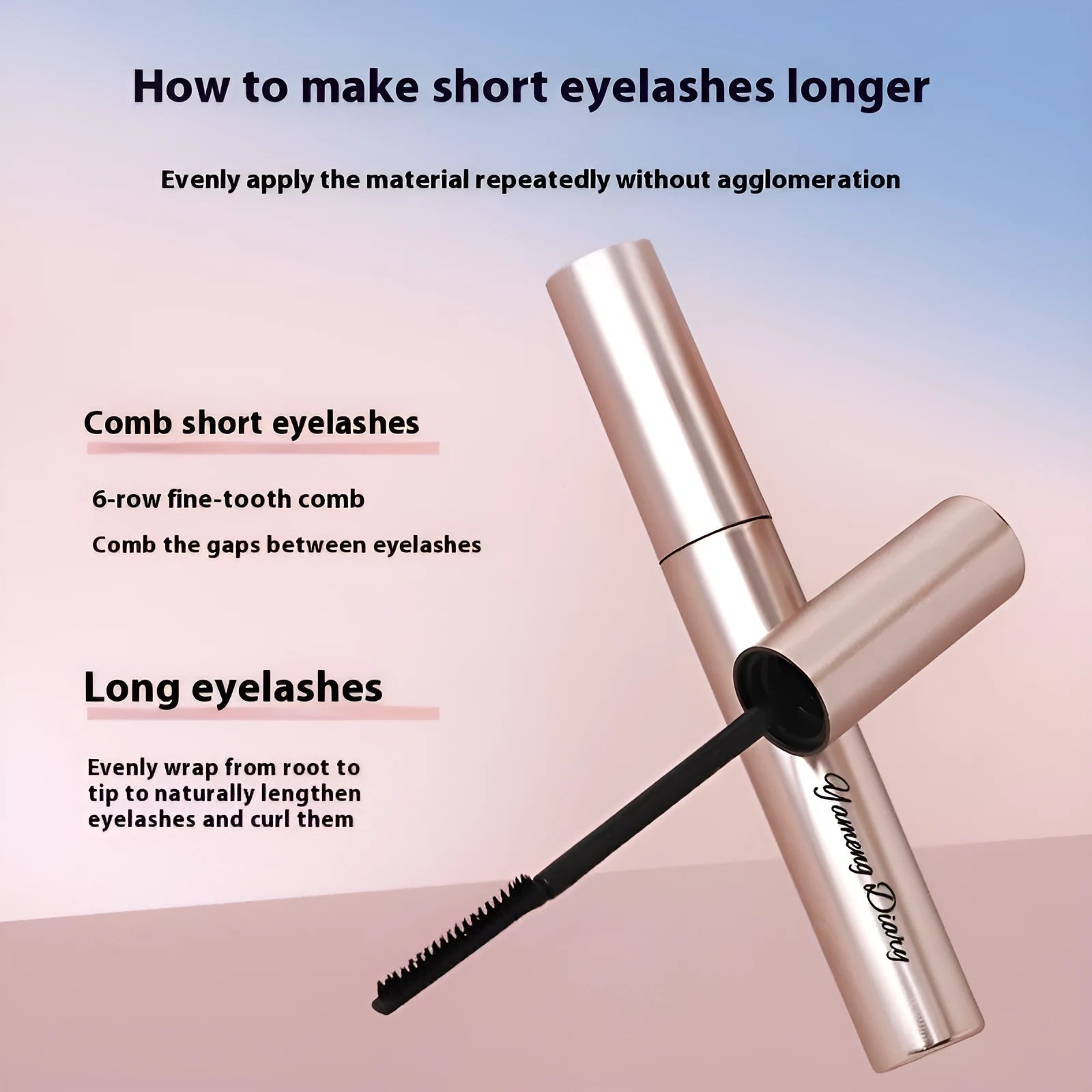 Long curling mascara tube in black or brown shades with standard wand applicator