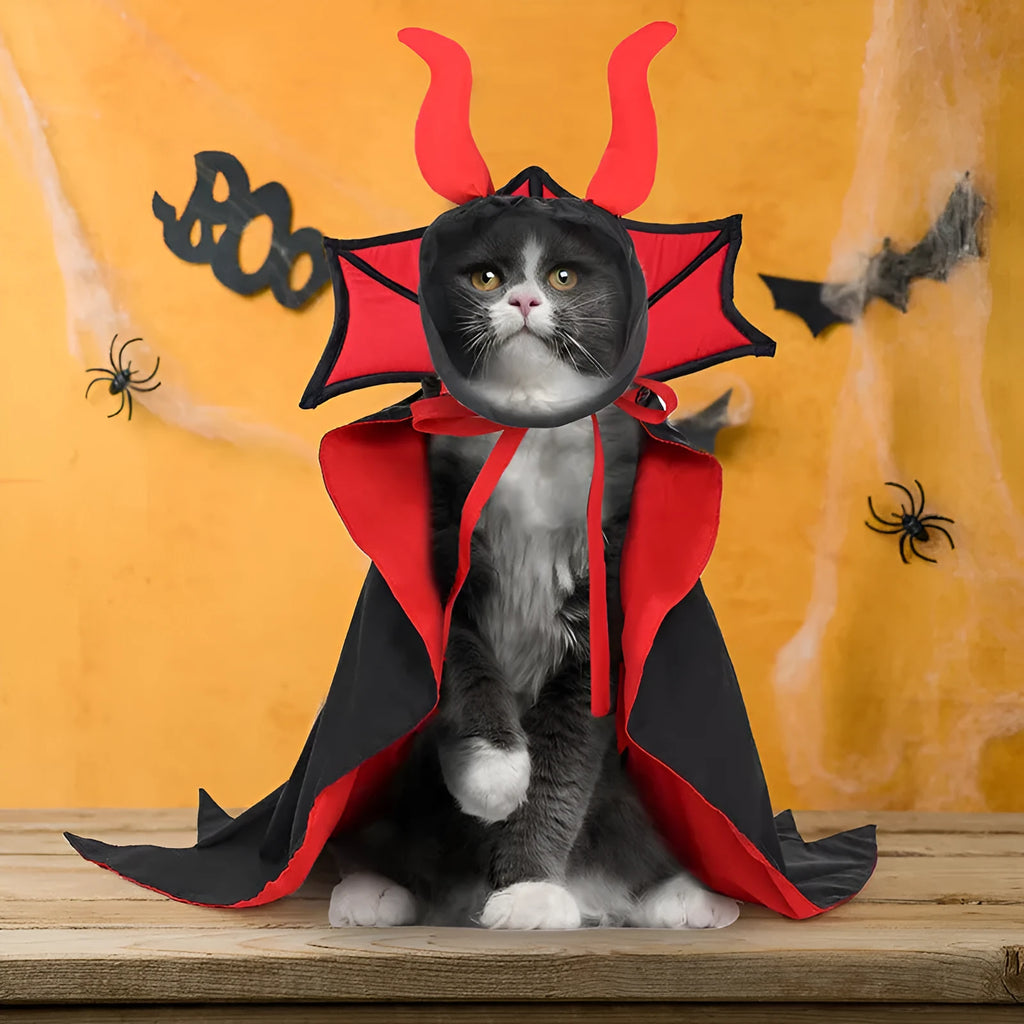 Black Halloween vampire costume for a pet, featuring a long cloak and pointed witch hat.