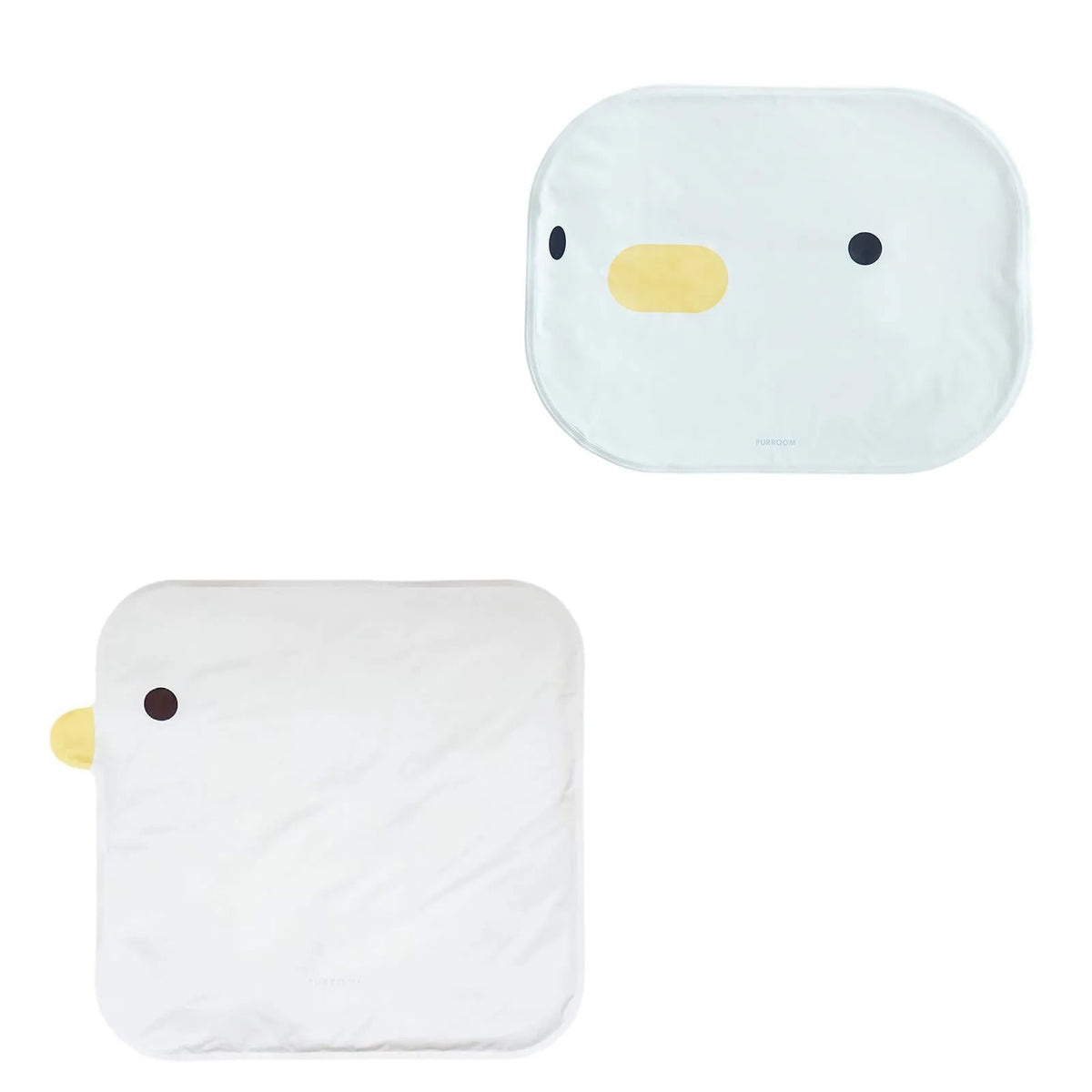 Yellow chick-shaped pet cooling mat on a wooden floor, showing non-stick fabric surface.