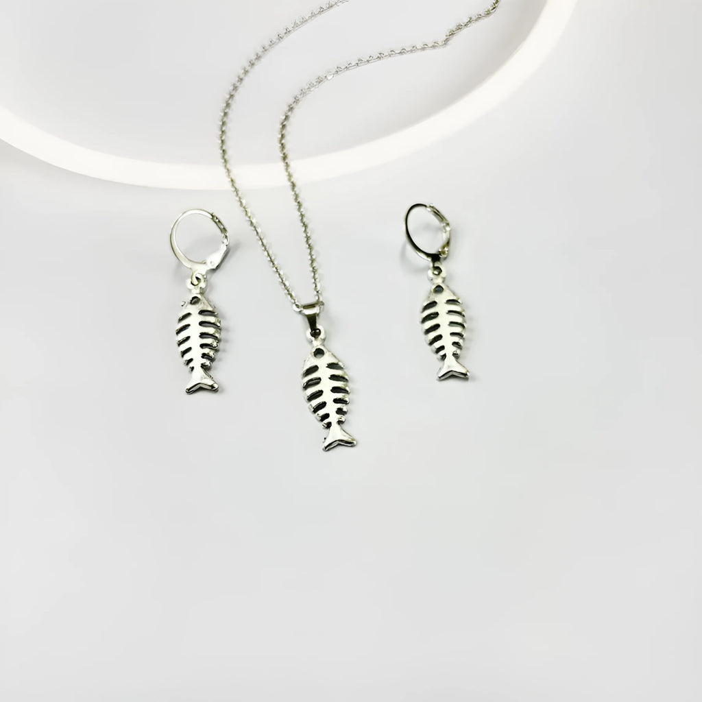Fishbone motif pendant necklace and matching earrings set in retro-style alloy jewellery with adjustable chain.