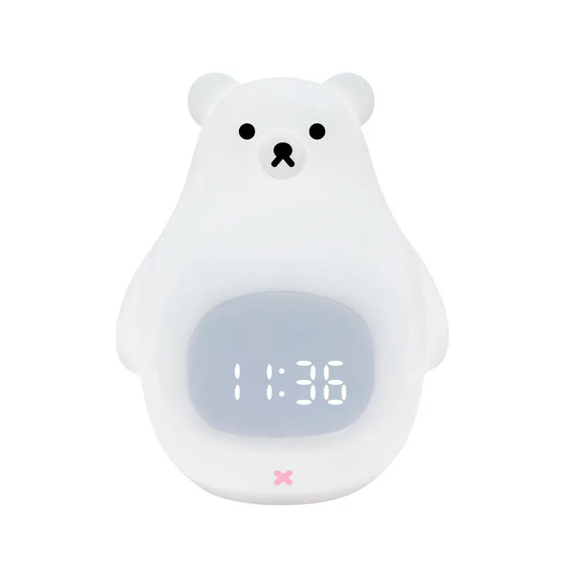 A white silicone night light shaped like a bear with a sleep timer and remote control.
