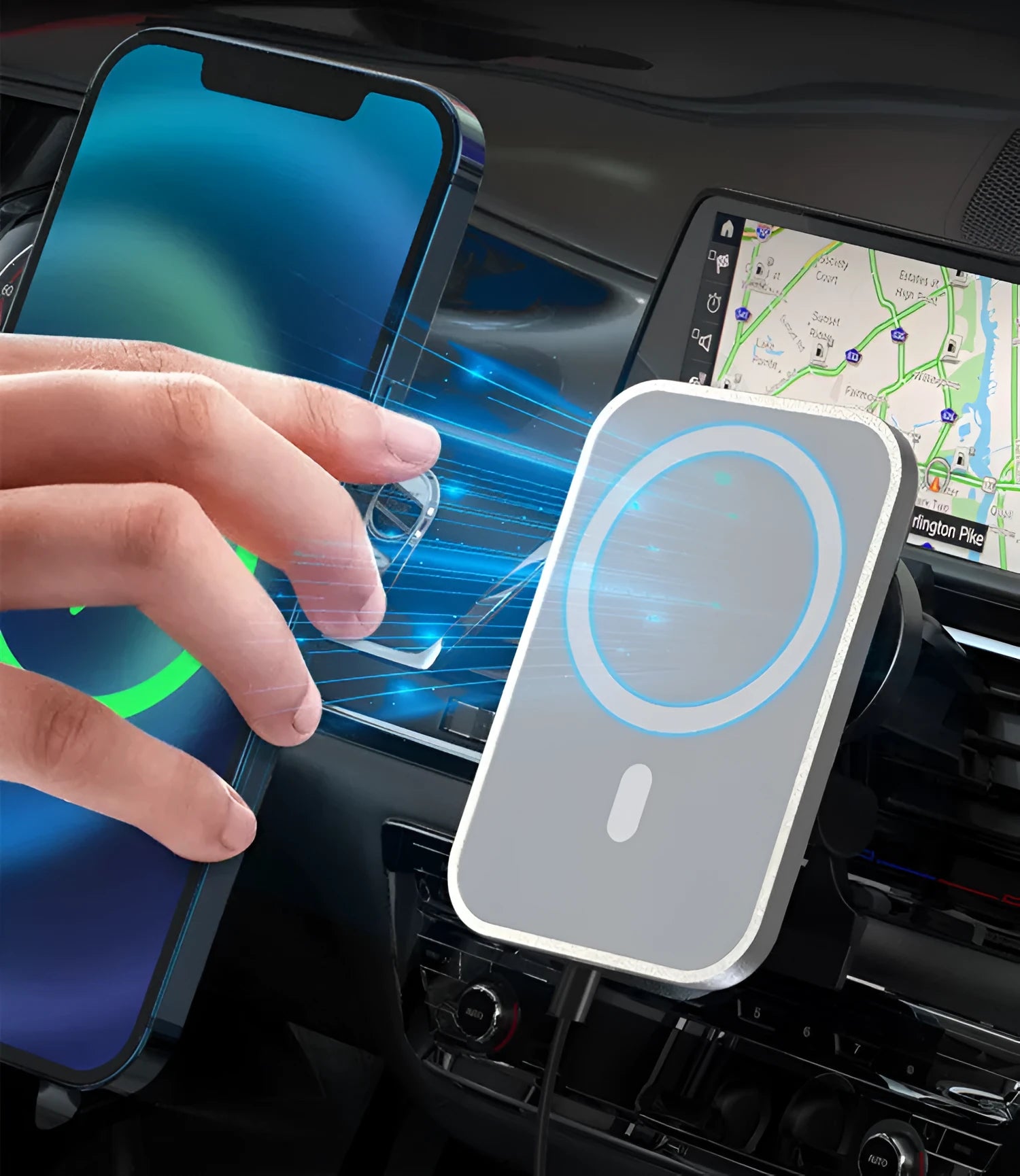 Magnetic car wireless charger 15W with aluminium alloy body and N52 magnet, black model on car air outlet vent