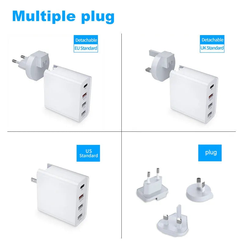White multi-port fast charging adapter with UK plug on a table.
