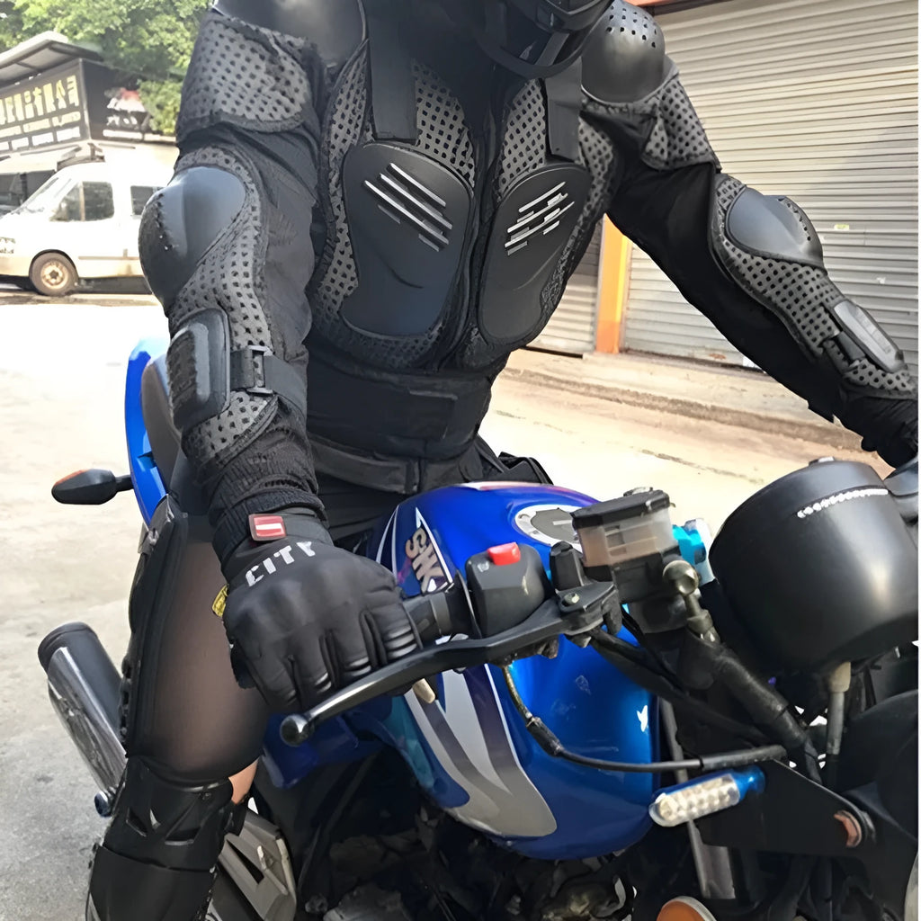 Black plastic motorcycle fall protection armour jacket for riders on white background