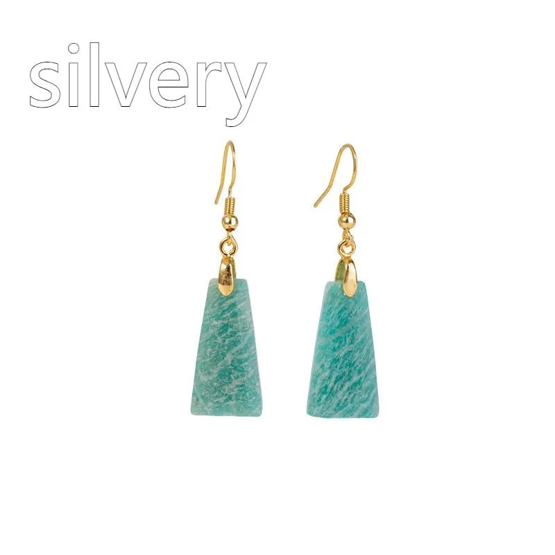 Amazonite rough stone trapezoid earrings with geometric design in gold and silver tone settings