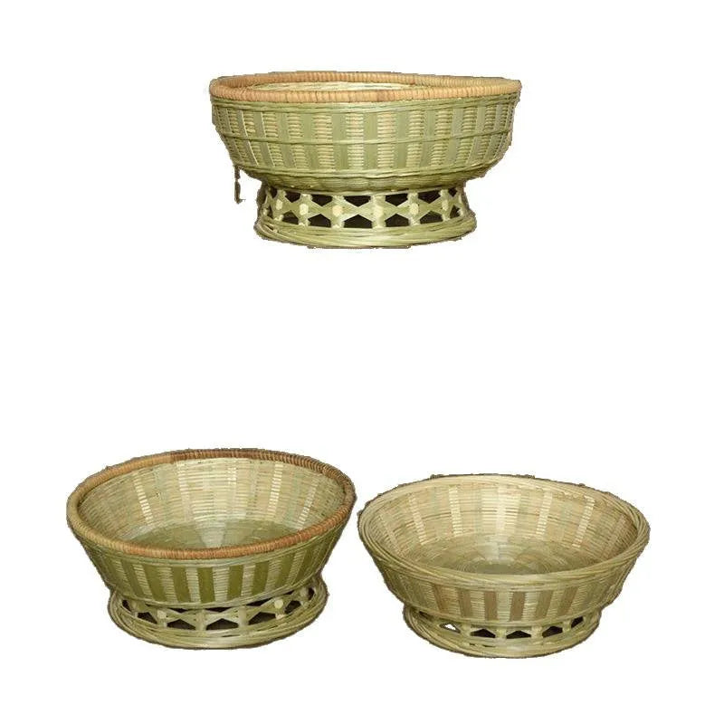 Handmade woven natural bamboo storage basket shown in a household setting.