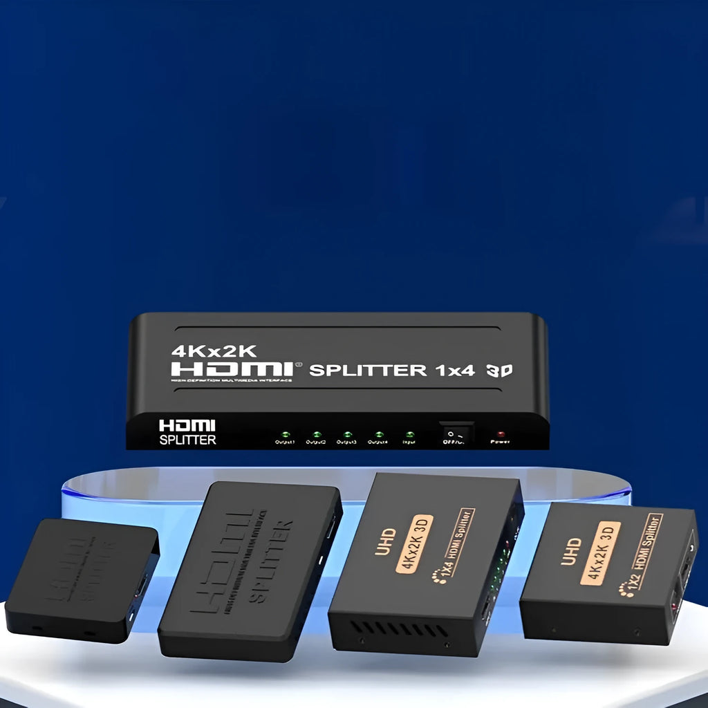 4K HDMI splitter device distributing signal to two displays with choice of US or EU power plug